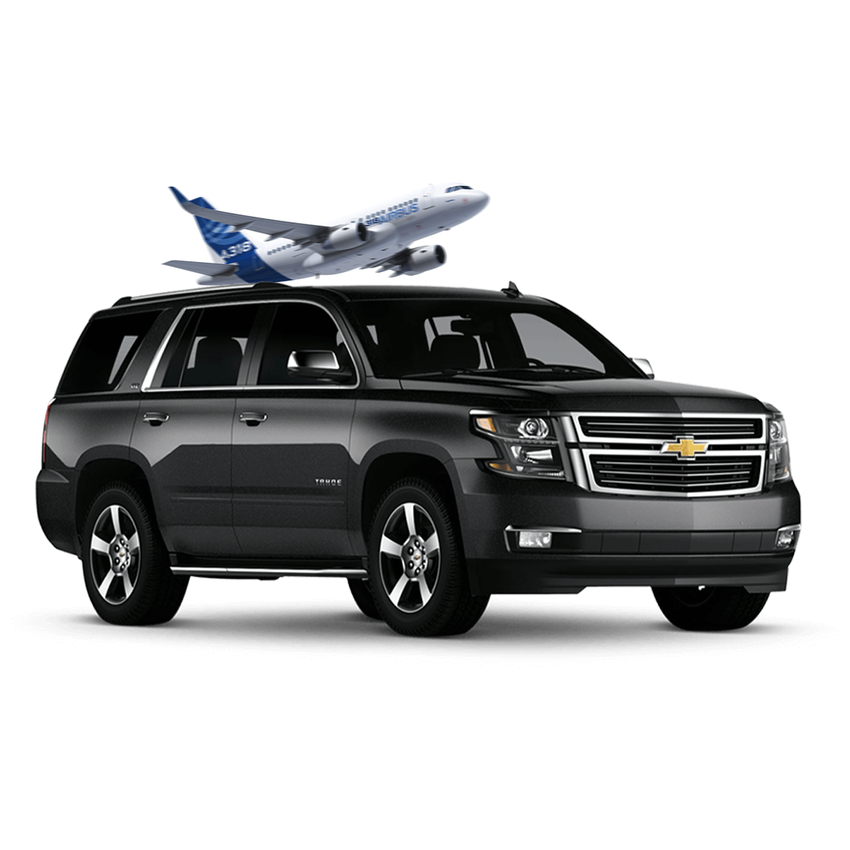 Black SUV with an airplane taking off in the background, representing luxury airport transportation services.